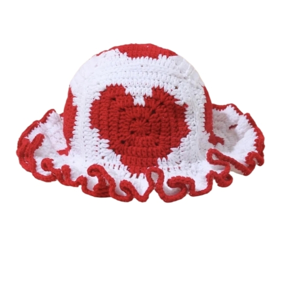 Handmade White and Red Granny Square Bucket Hat with Hearts Ruffle Trim Acrylic - Picture 10 of 16